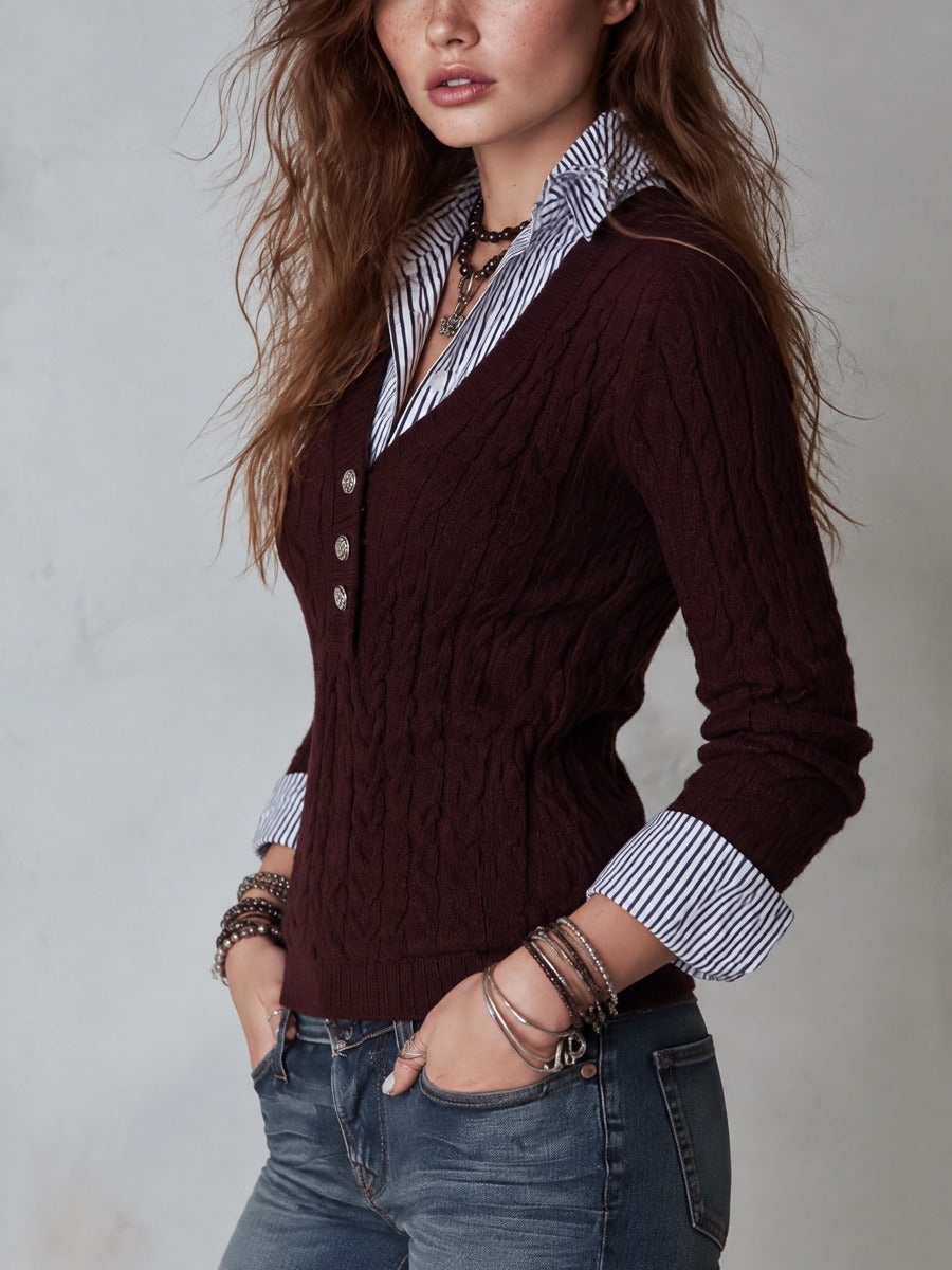 Women's Faux-layered Burgundy Cable-Knit V-Neck Sweater