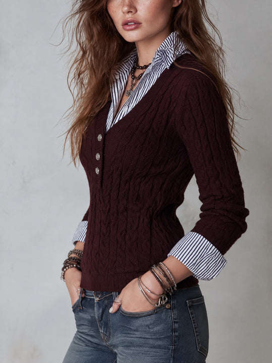 Women's Faux-layered Burgundy Cable-Knit V-Neck Sweater