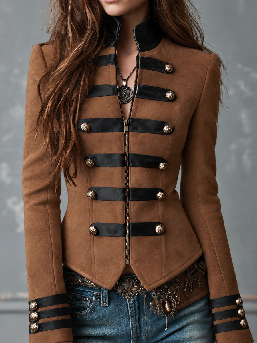 Retro Brown Microsuede Black Contrast Trim And Ornate Buttons Jacket