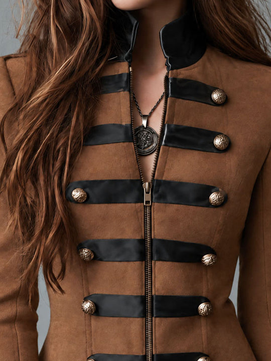 Retro Brown Microsuede Black Contrast Trim And Ornate Buttons Jacket