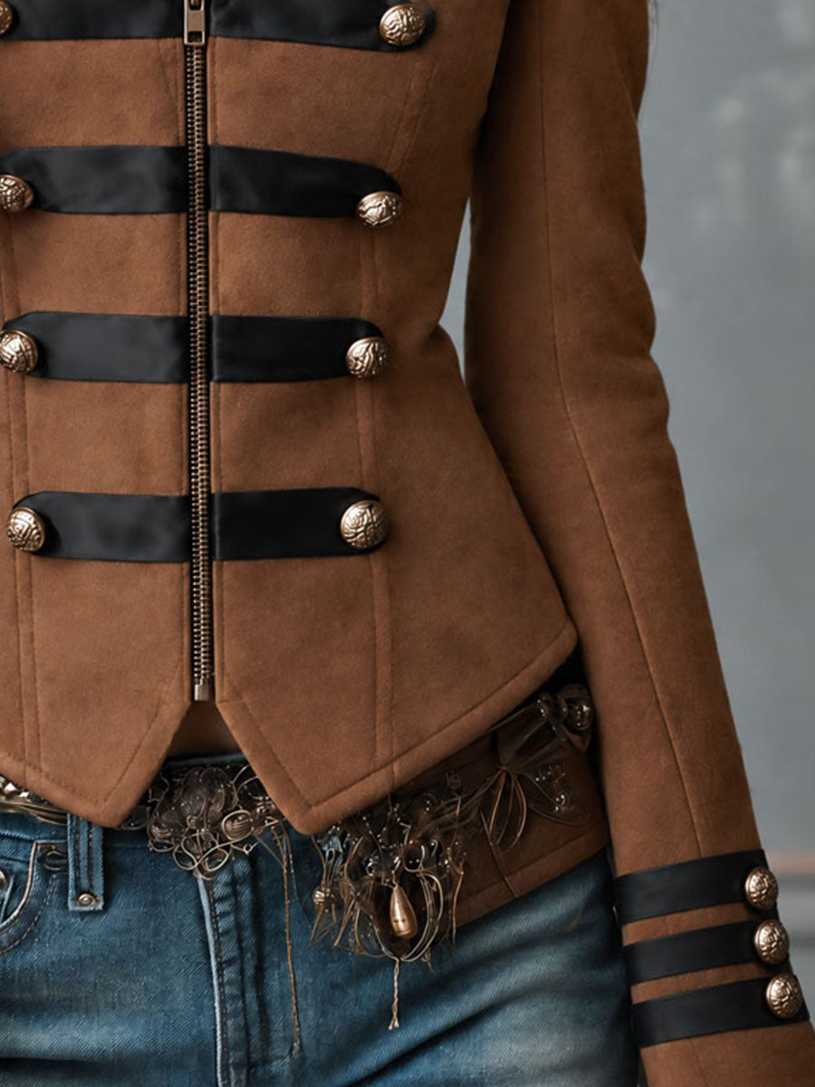 Retro Brown Microsuede Black Contrast Trim And Ornate Buttons Jacket