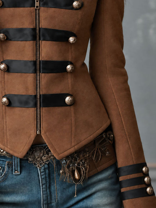 Retro Brown Microsuede Black Contrast Trim And Ornate Buttons Jacket