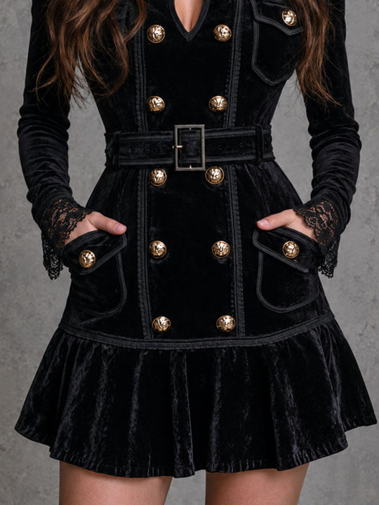 Retro Black Velvet Double-breasted Belted Mini Dress With Lace Trim