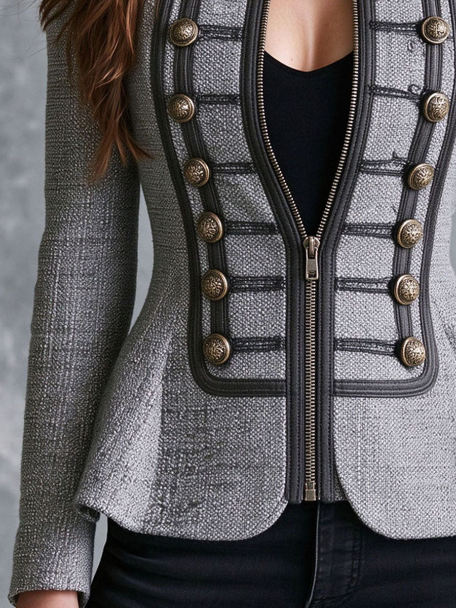 Vintage Contrast Trim And Ornate Buttons Grey Zip-Front Jacket