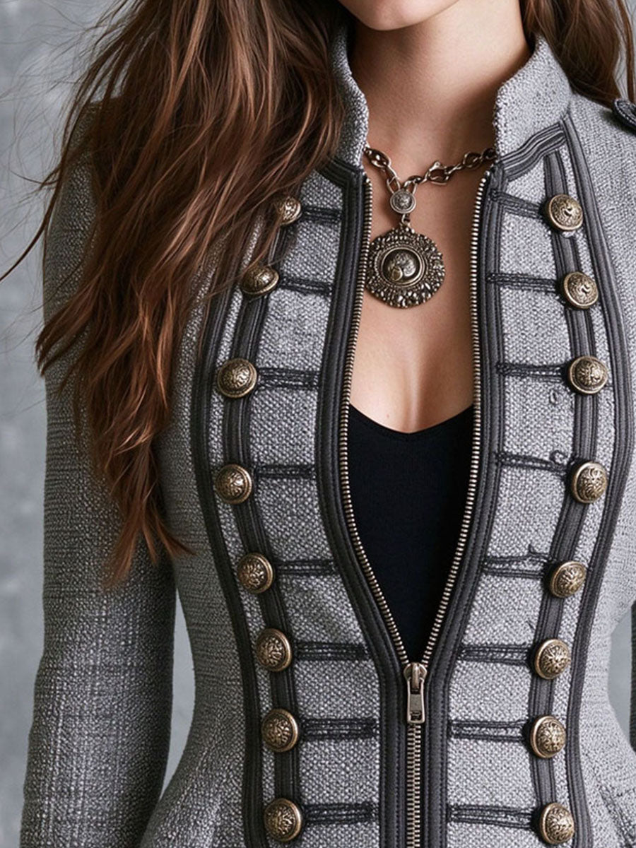 Vintage Contrast Trim And Ornate Buttons Grey Zip-Front Jacket