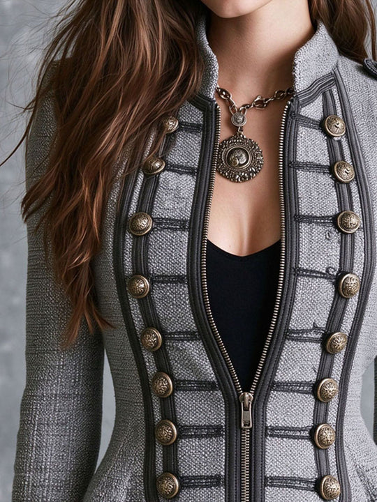 Vintage Contrast Trim And Ornate Buttons Grey Zip-Front Jacket