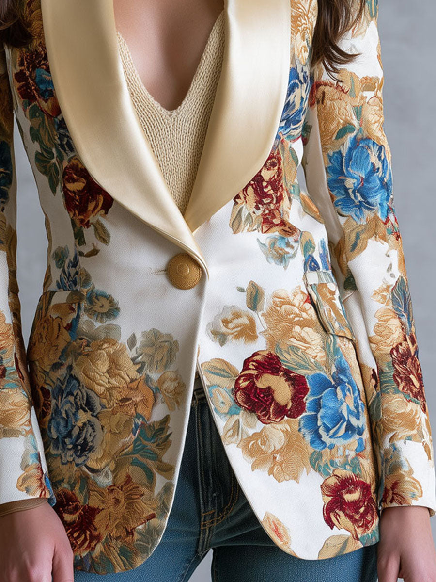 Boho Floral Single-Button Blazer With Satin Shawl Lapel