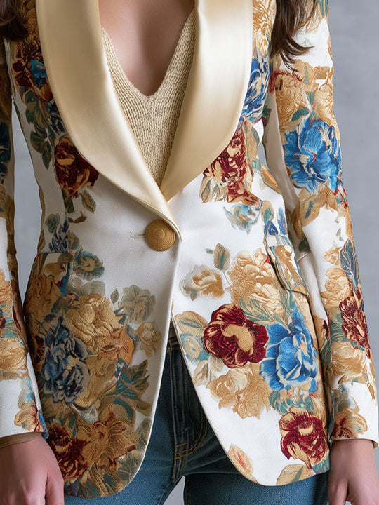 Boho Floral Single-Button Blazer With Satin Shawl Lapel