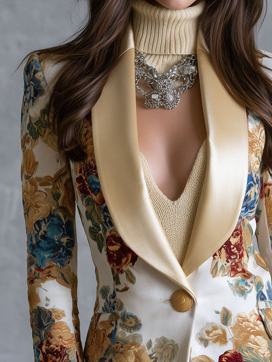 Boho Floral Single-Button Blazer With Satin Shawl Lapel