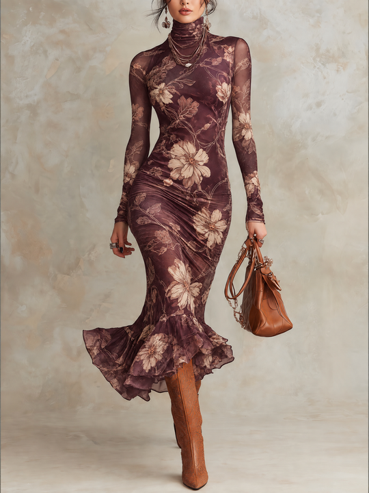 Plum Purple Floral High-Neck Dress With Sheer Long Sleeves And Ruffle Fishtail Hem