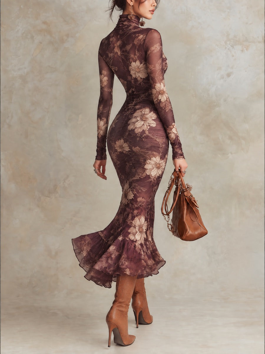 Plum Purple Floral High-Neck Dress With Sheer Long Sleeves And Ruffle Fishtail Hem
