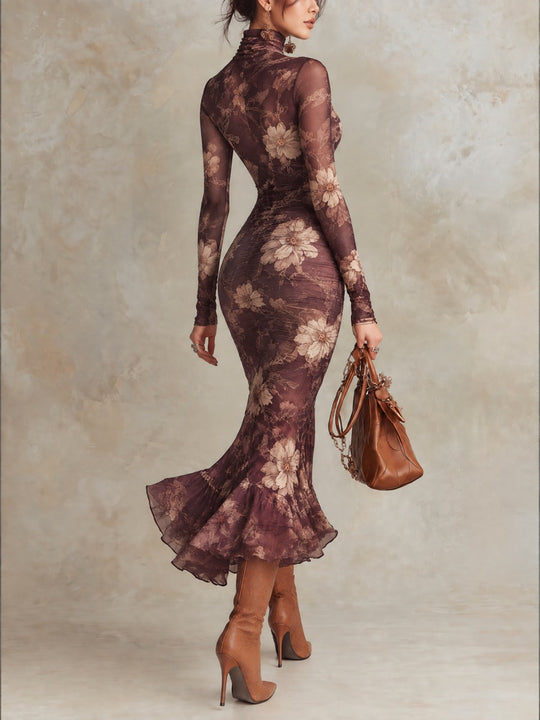 Plum Purple Floral High-Neck Dress With Sheer Long Sleeves And Ruffle Fishtail Hem