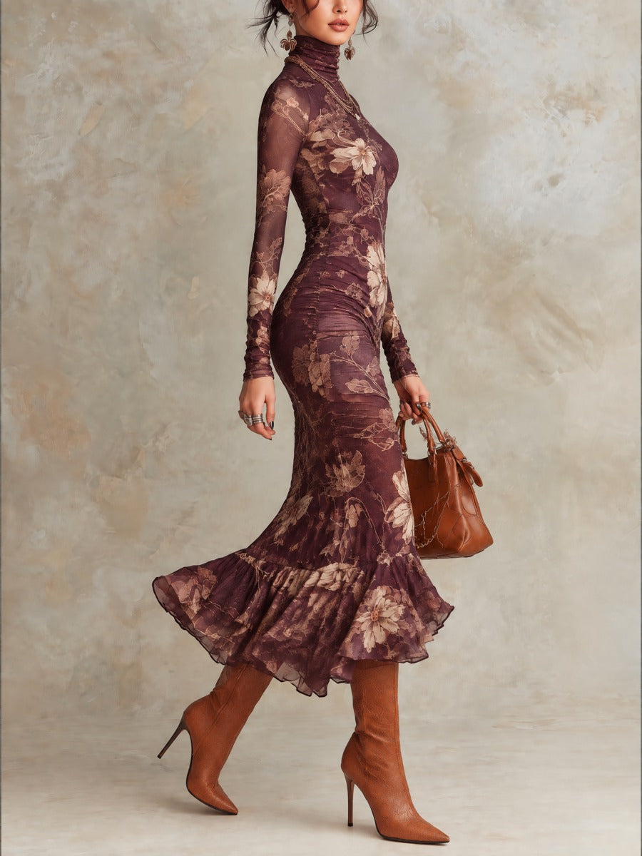 Plum Purple Floral High-Neck Dress With Sheer Long Sleeves And Ruffle Fishtail Hem