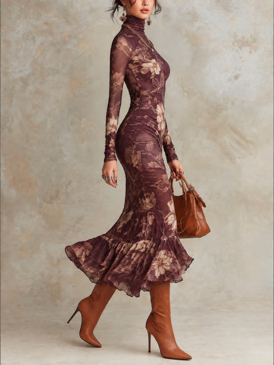 Plum Purple Floral High-Neck Dress With Sheer Long Sleeves And Ruffle Fishtail Hem