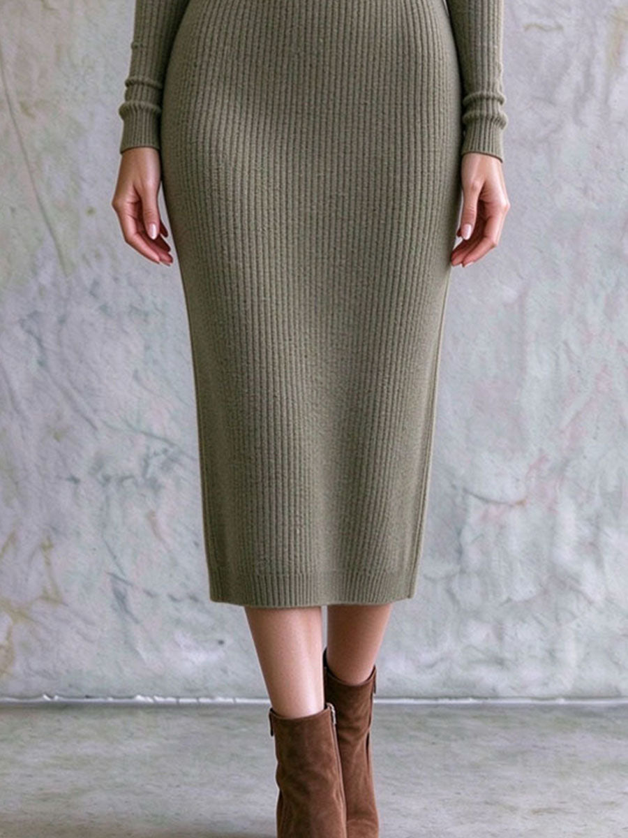 Elegant Scoop Neck Olive Green Ribbed Knit Midi Dress