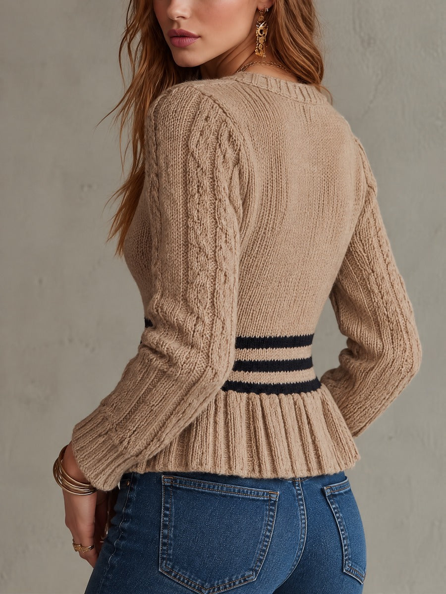 Vintage Striped Waist Knit Cardigan – Long Sleeve Button-Up Ribbed Peplum Sweater Top