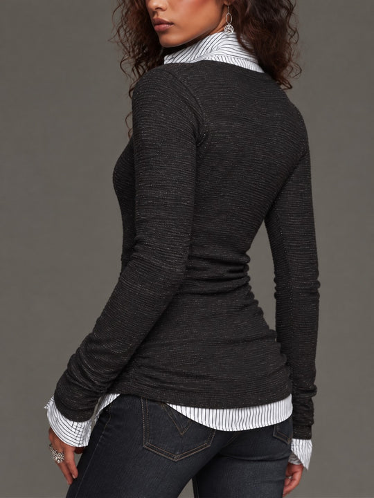 Women's Deep V-neck Metallic Knit Shirt Collar And Cuffs Cardigan