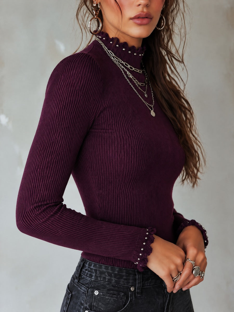 Plum Ribbed Knit Mock Neck Long Sleeve Top with Studded Scalloped Trim
