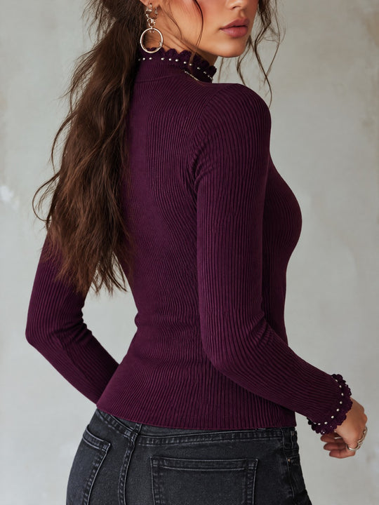 Plum Ribbed Knit Mock Neck Long Sleeve Top with Studded Scalloped Trim