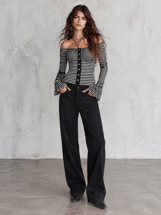 Black and White Striped Off-Shoulder Bell Sleeve Ribbed Knit Top with Button Placket