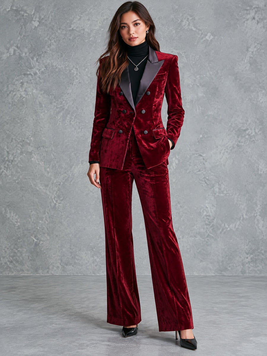 Retro Burgundy Velvet Double-Breasted Blazer With Satin Peak Lapels