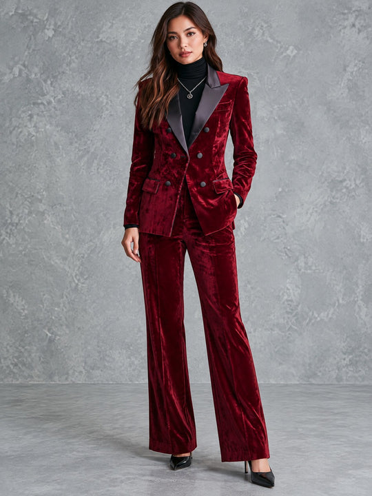 Retro Burgundy Velvet Double-Breasted Blazer With Satin Peak Lapels