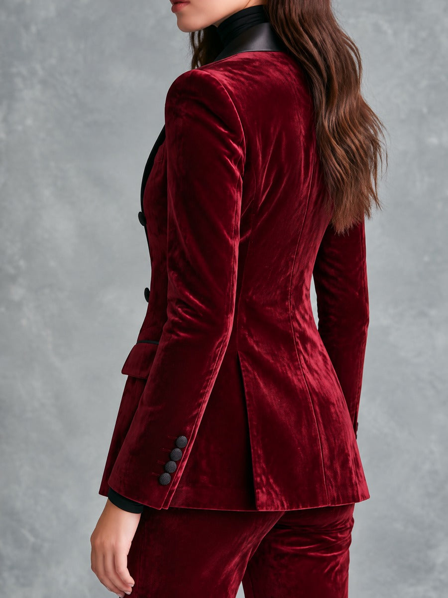 Retro Burgundy Velvet Double-Breasted Blazer With Satin Peak Lapels