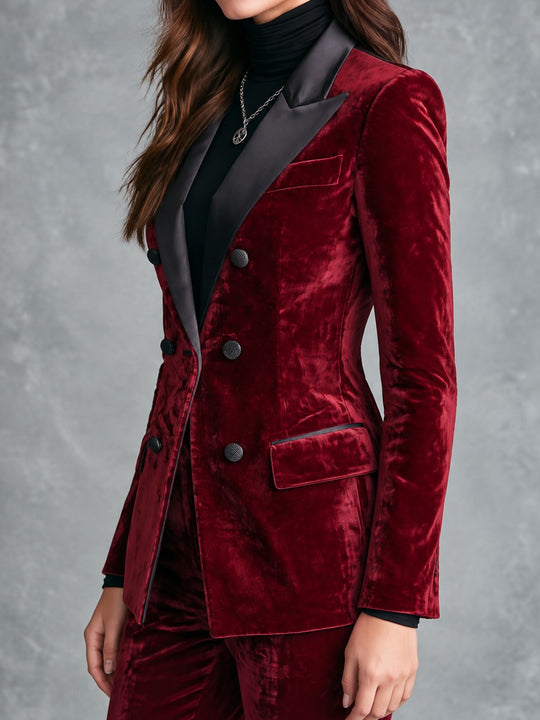 Retro Burgundy Velvet Double-Breasted Blazer With Satin Peak Lapels