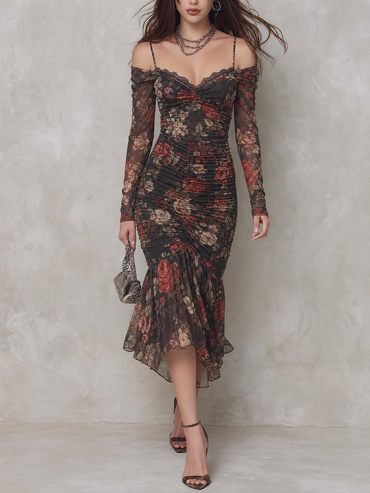 Vintage Rose Print Mesh Off-Shoulder Ruched Mermaid Midi Dress