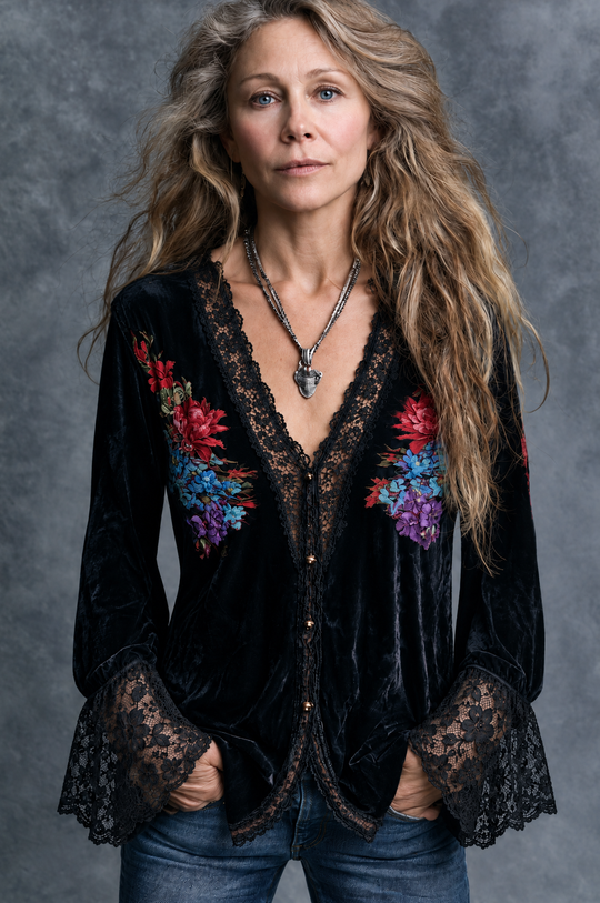 Retro Black Velvet Lace Trim V-Neck Blouse With Floral Pattern
