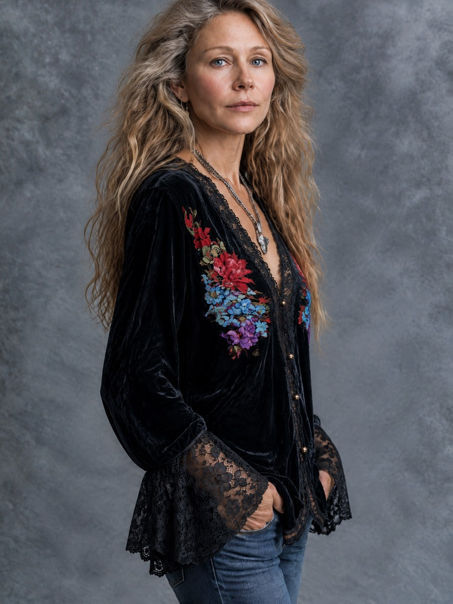 Retro Black Velvet Lace Trim V-Neck Blouse With Floral Pattern