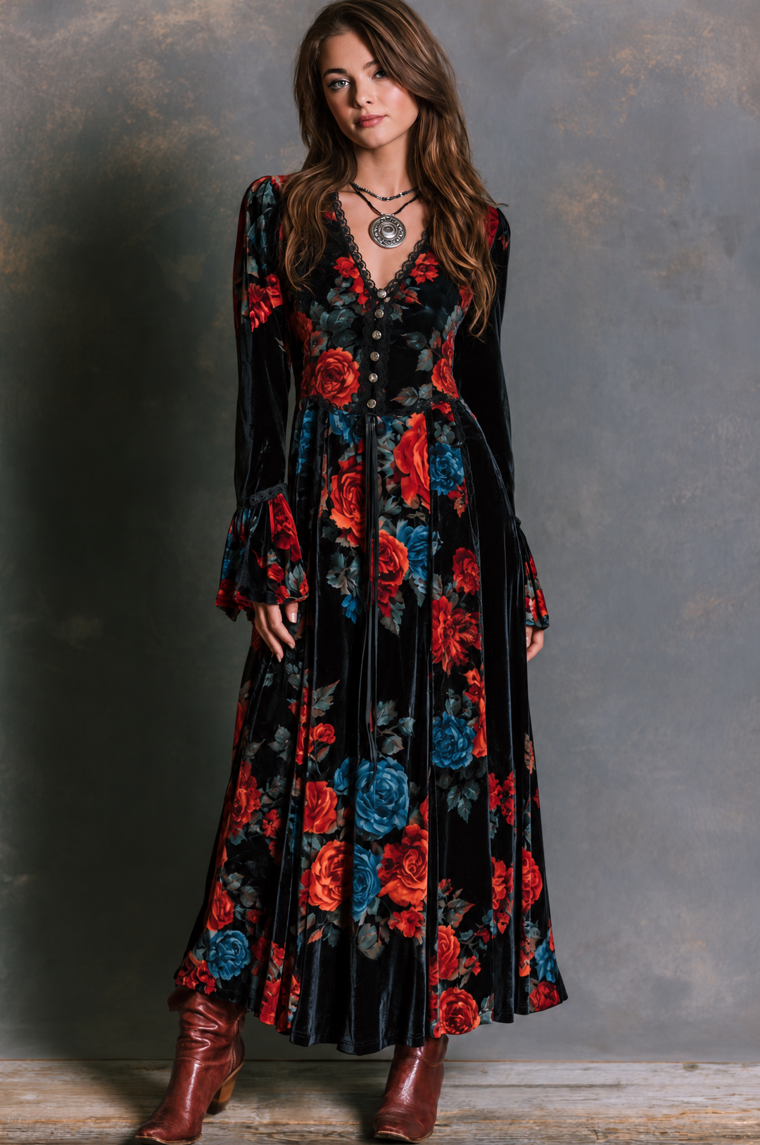 Vintage Black Velvet Rose Print Maxi Dress With Lace Trim And Flared Ruffle