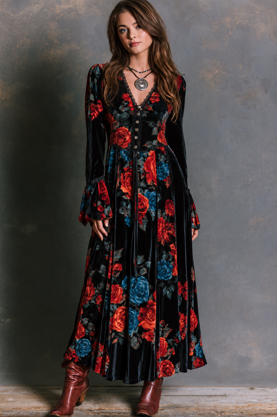 Vintage Black Velvet Rose Print Maxi Dress With Lace Trim And Flared Ruffle