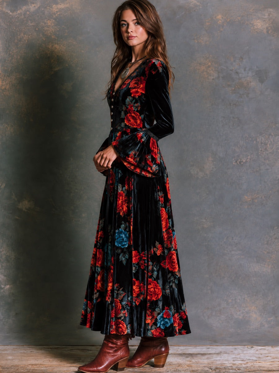 Vintage Black Velvet Rose Print Maxi Dress With Lace Trim And Flared Ruffle