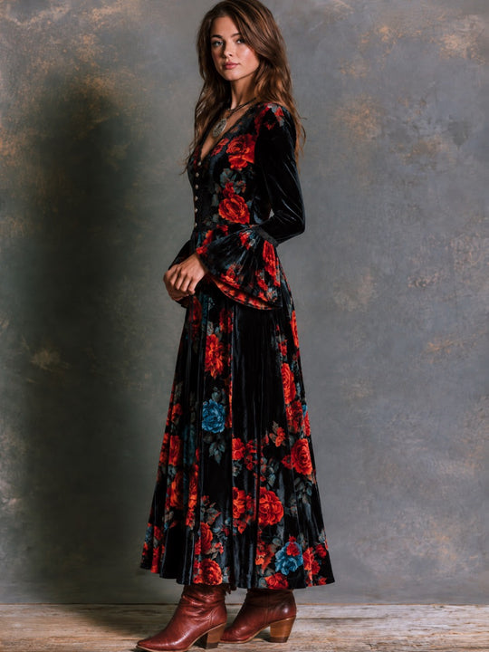 Vintage Black Velvet Rose Print Maxi Dress With Lace Trim And Flared Ruffle