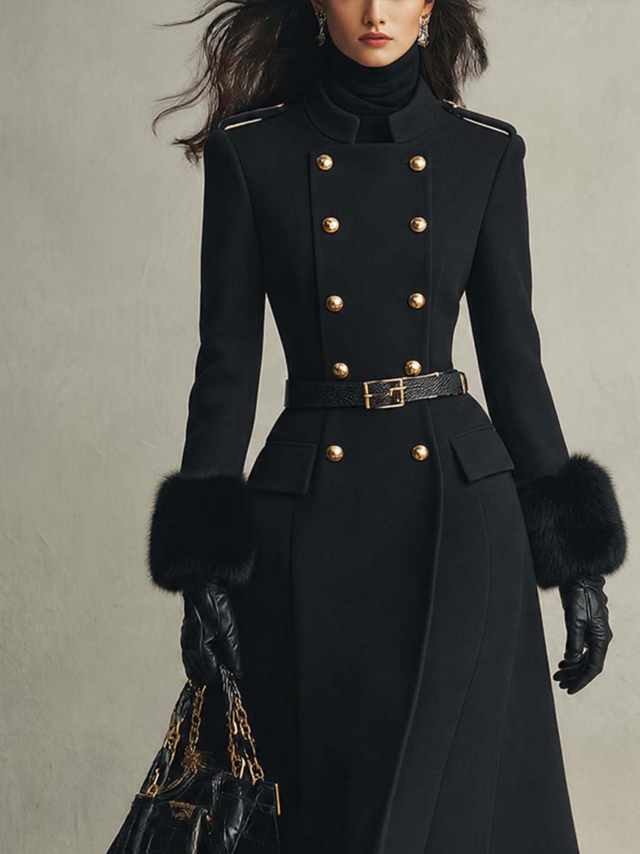 Vintage Double-breasted Wool-blend Coat With Faux Fur Cuffs