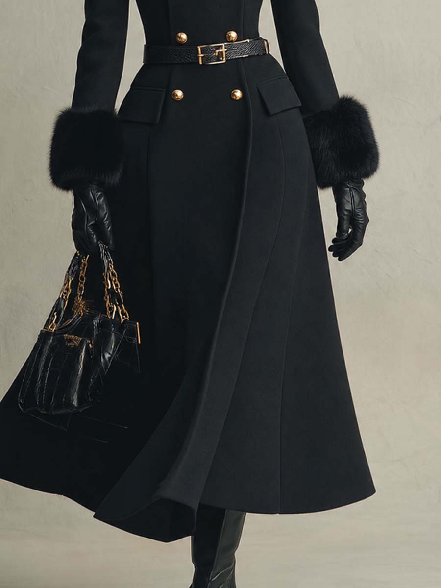 Vintage Double-breasted Wool-blend Coat With Faux Fur Cuffs