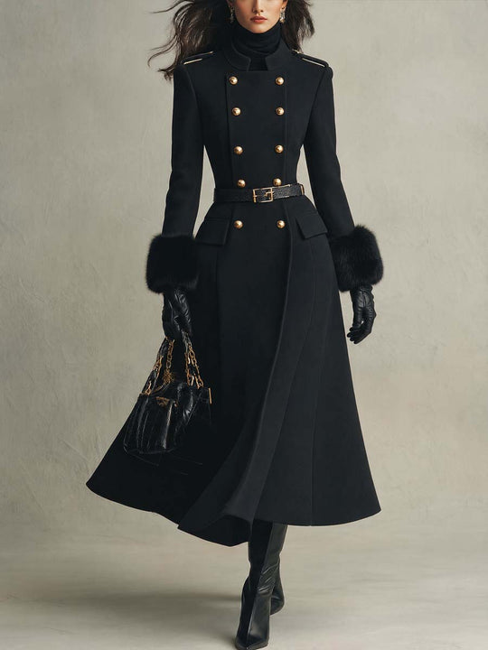 Vintage Double-breasted Wool-blend Coat With Faux Fur Cuffs