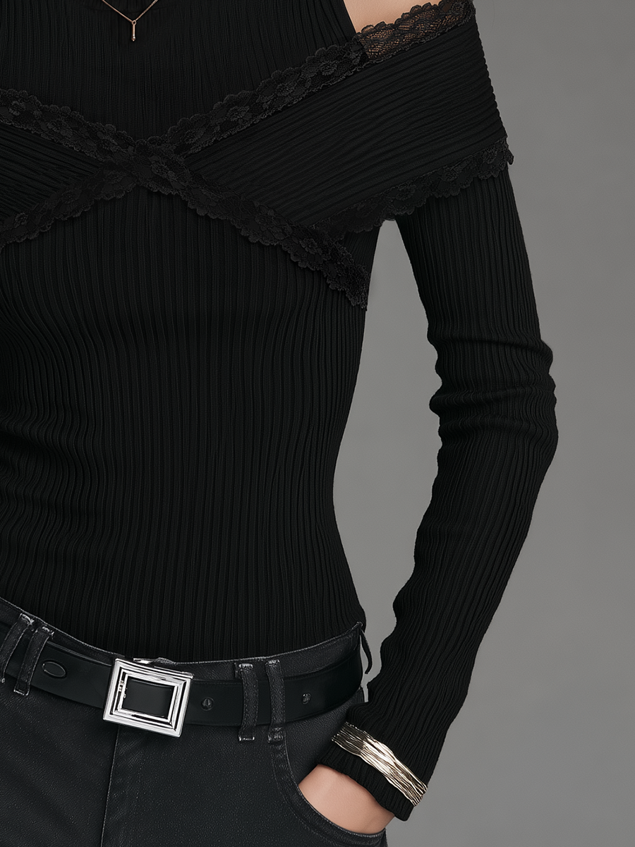 Romantic Black Lace Trim Cold-Shoulder Ribbed Knit Top