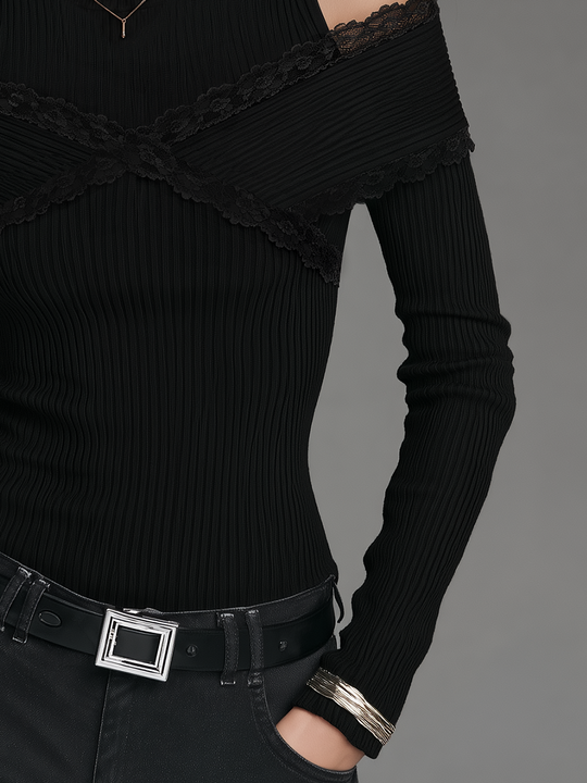 Romantic Black Lace Trim Cold-Shoulder Ribbed Knit Top