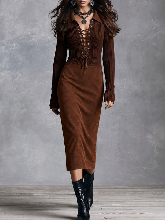 Retro Elegant Brown Ribbed Knit Lace-Up Midi Dress With Microsuede Skirt
