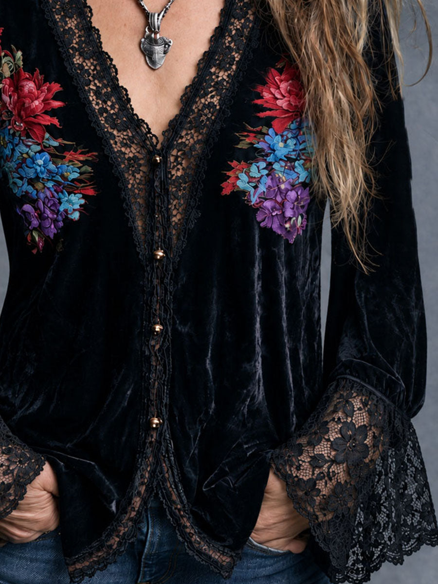 Retro Black Velvet Lace Trim V-Neck Blouse With Floral Pattern
