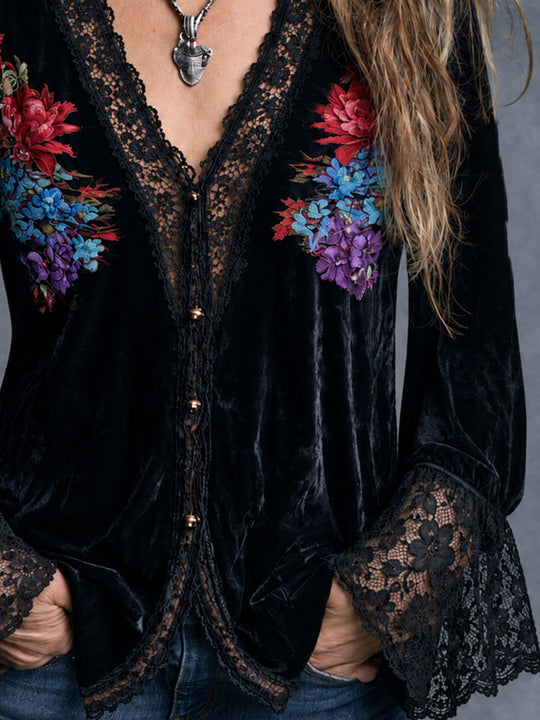 Retro Black Velvet Lace Trim V-Neck Blouse With Floral Pattern