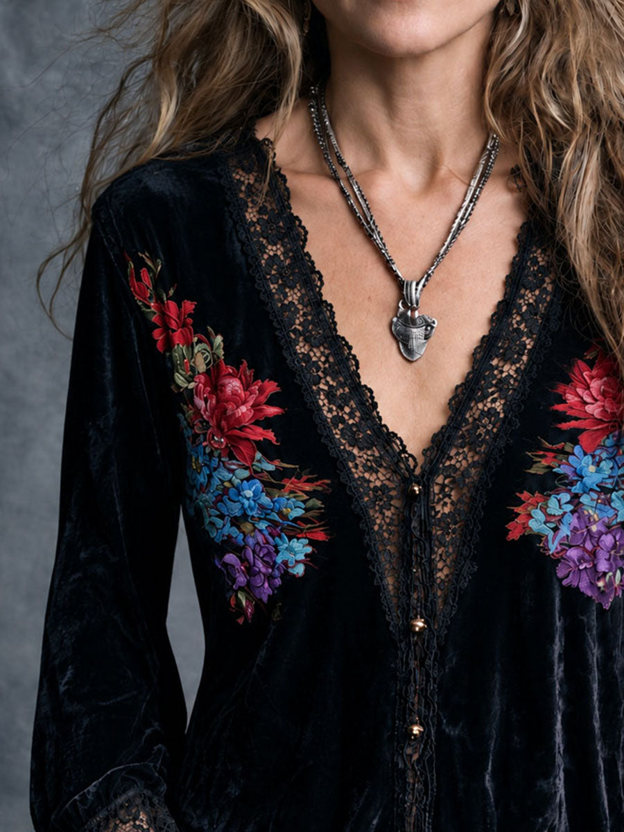 Retro Black Velvet Lace Trim V-Neck Blouse With Floral Pattern