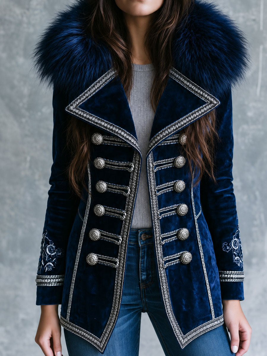 Vintage Faux Fur Collar Navy Velvet Embroidered Cuffs Jacket With Silver Braided Trim