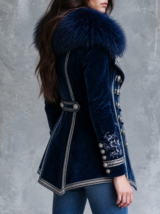Vintage Faux Fur Collar Navy Velvet Embroidered Cuffs Jacket With Silver Braided Trim