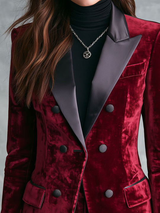 Retro Burgundy Velvet Double-Breasted Blazer With Satin Peak Lapels