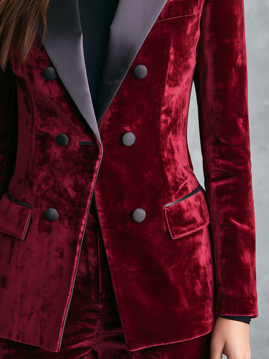 Retro Burgundy Velvet Double-Breasted Blazer With Satin Peak Lapels