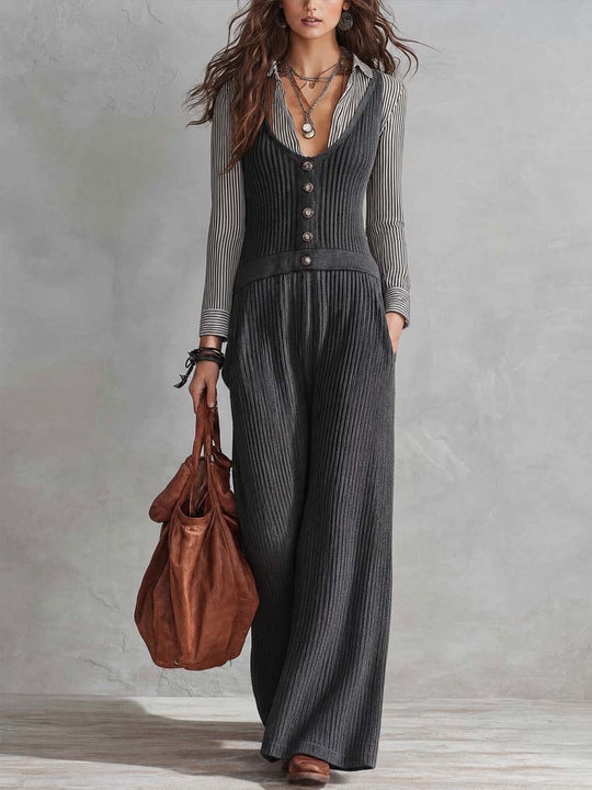 Women's Ribbed Knit Sleeveless Wide-Leg Jumpsuit