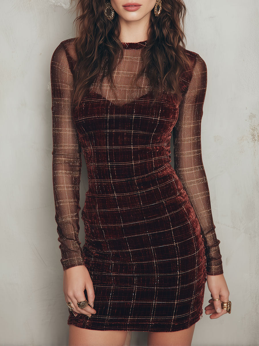 Women's Burgundy Velvet Plaid Bodycon Mini Dress with Sheer Mesh Long Sleeves